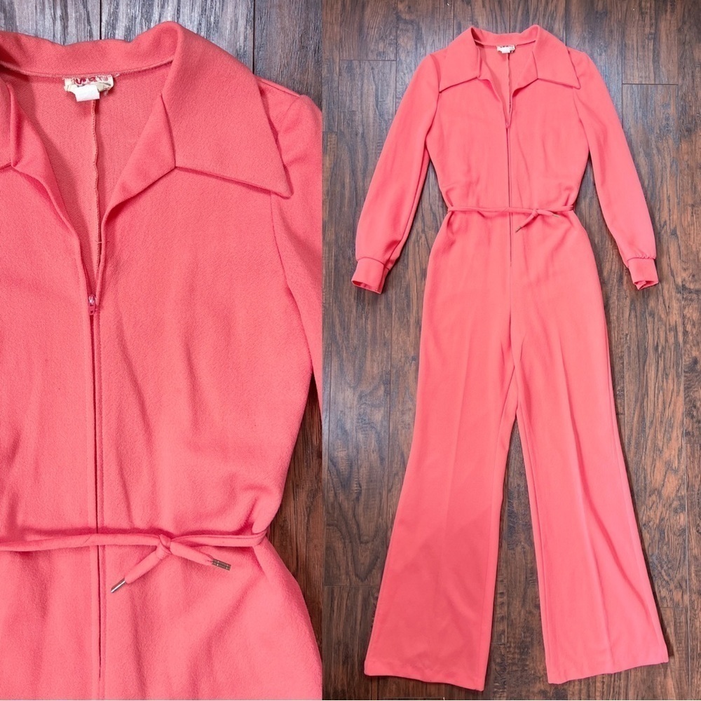 vintage • 70s Mad Rags polyester jumpsuit coral peach stretch coverall disco mod